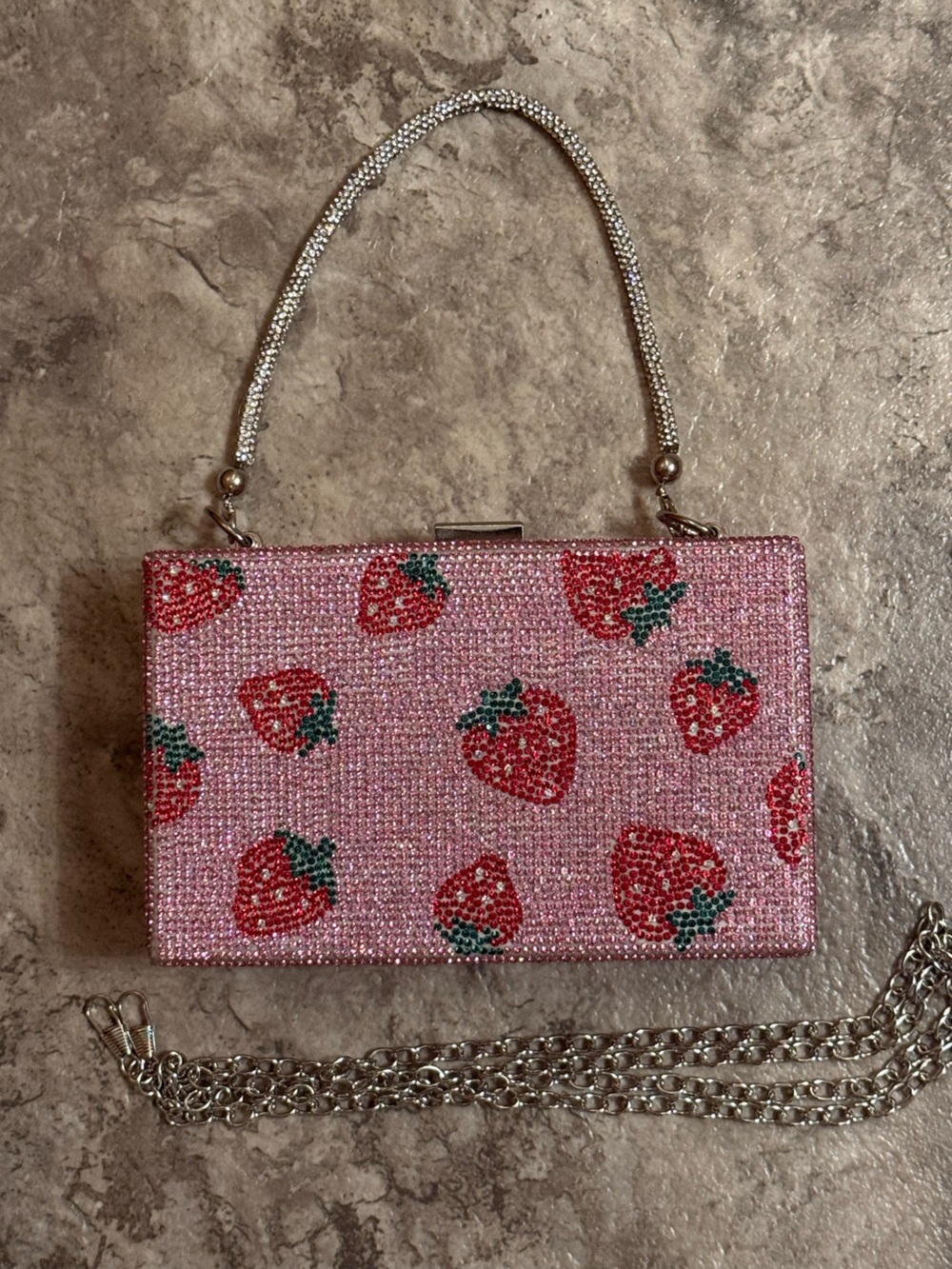 Strawberry Pink Rhinestone Crystal Beaded Box Clutch Handbag Crossbody
